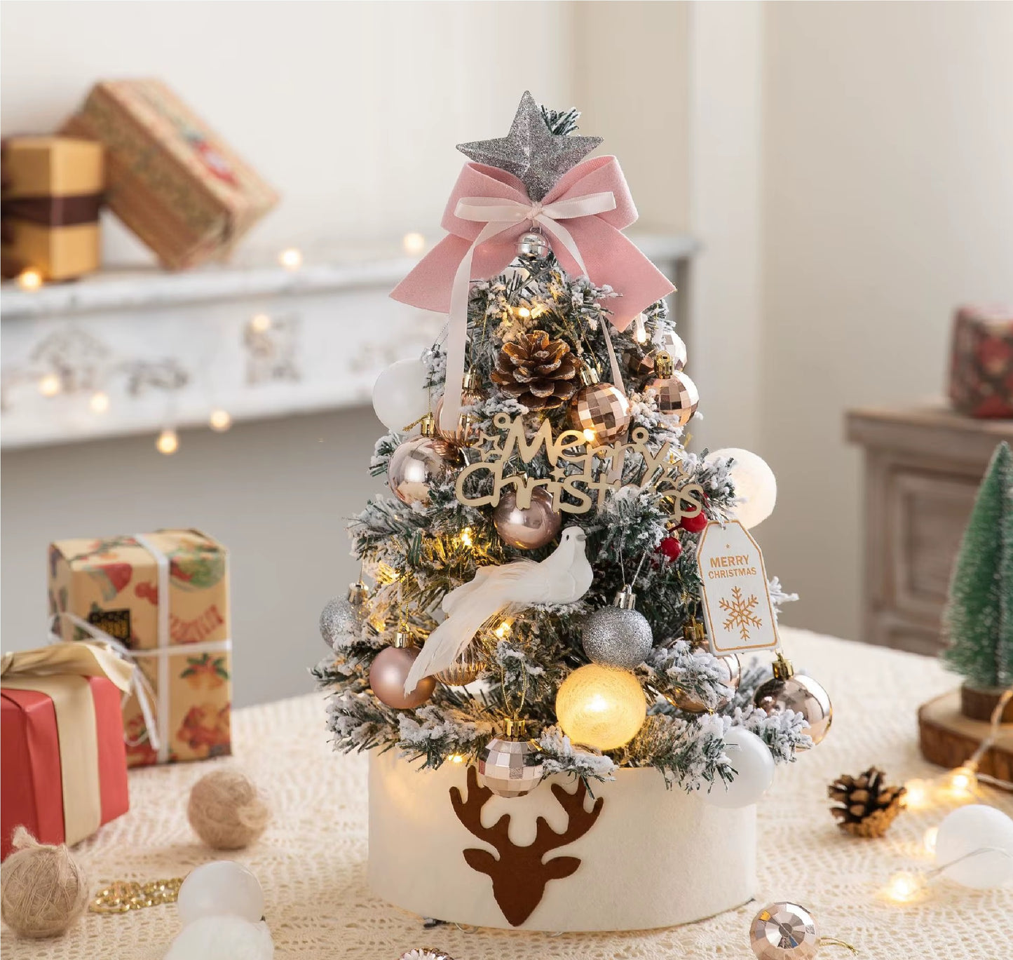 Mini Árvore de Natal com Luzes Dourado Vermelho Decorações de Natal Enfeites