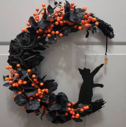Guirlanda de Gato Lunar de Halloween Coroa de Flores, Estrelas, Lua e Gato