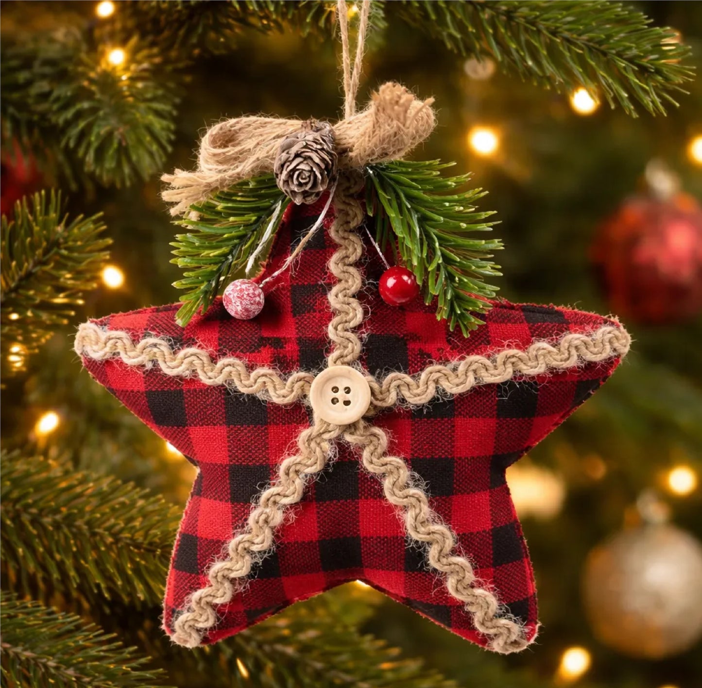 Enfeite Natal Pendurar Estrela Xadrez e 1 Enfeite Árvore Natal Pendente Natalino Estrela 15cm