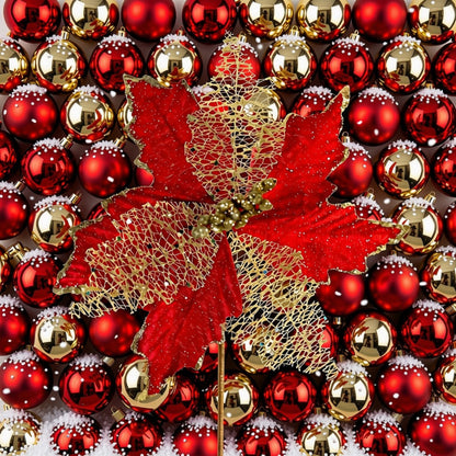 Artificial Brilho Natal Vermelho Kit 2 Flores Decoração Natal Artificial Brilho Vermelha 24cm