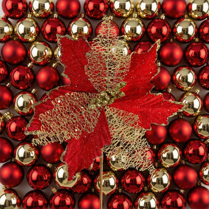 Artificial Brilho Natal Vermelho Kit 2 Flores Decoração Natal Artificial Brilho Vermelha 24cm