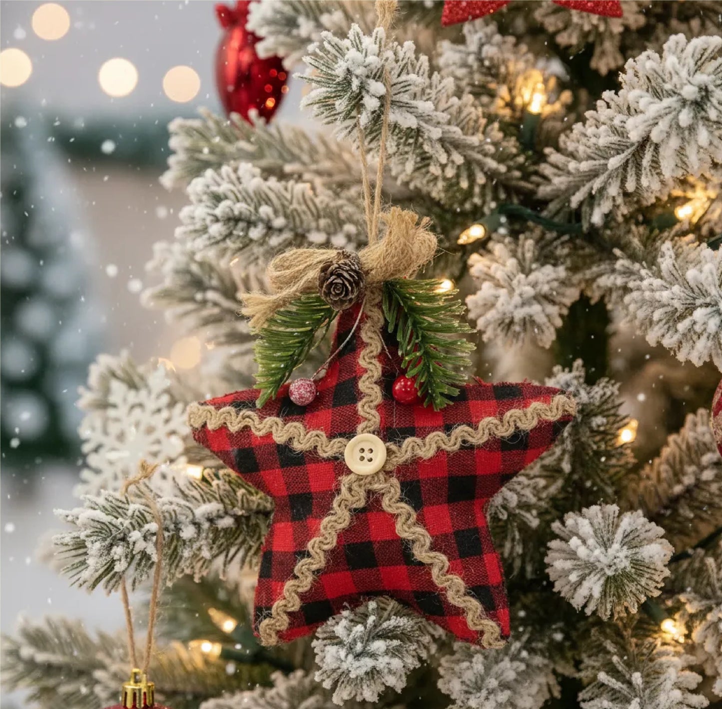 Enfeite Natal Pendurar Estrela Xadrez e 1 Enfeite Árvore Natal Pendente Natalino Estrela 15cm