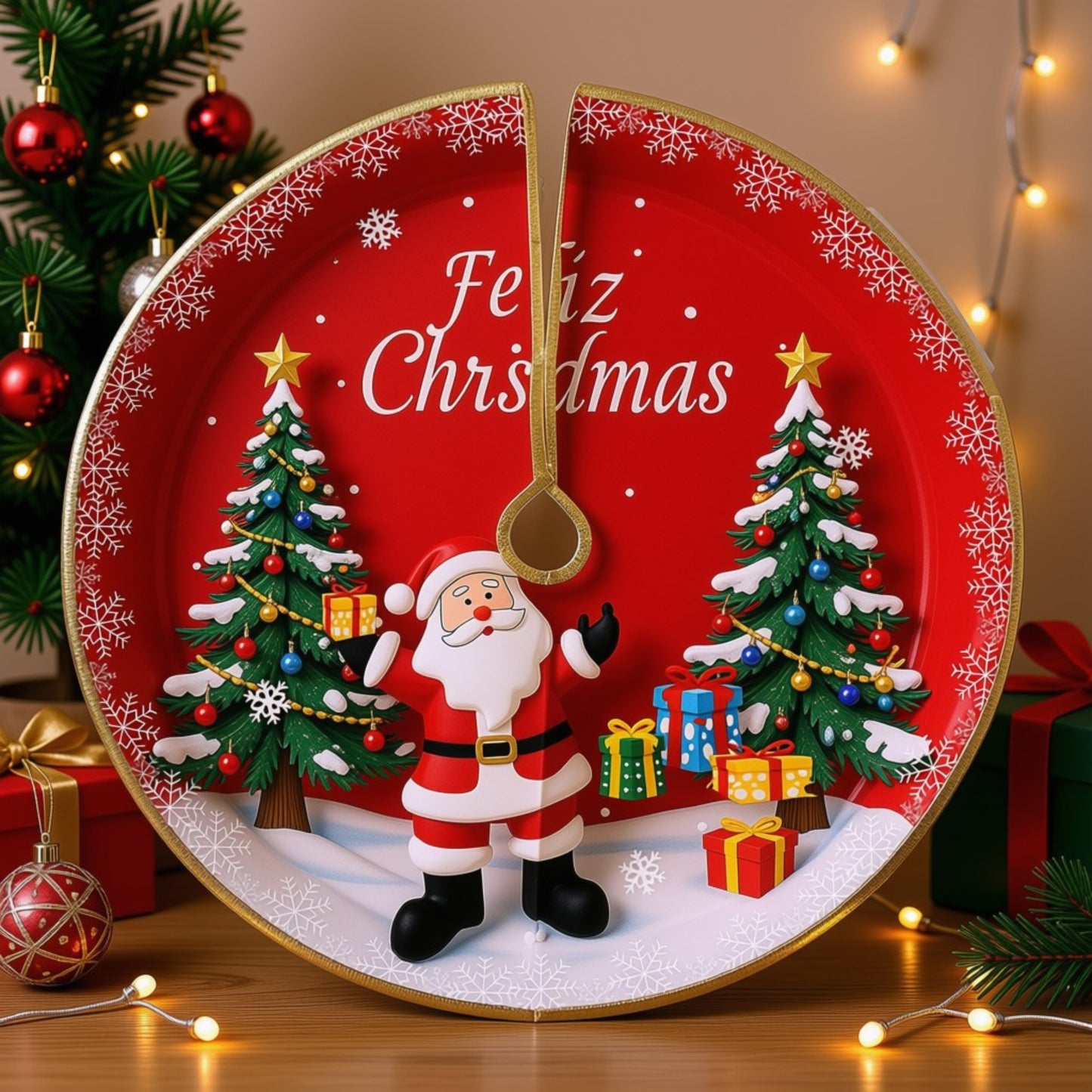 Saia Árvore de Natal Temática Papai Noel Presente 60cm e Árvore de Natal Temática Papai