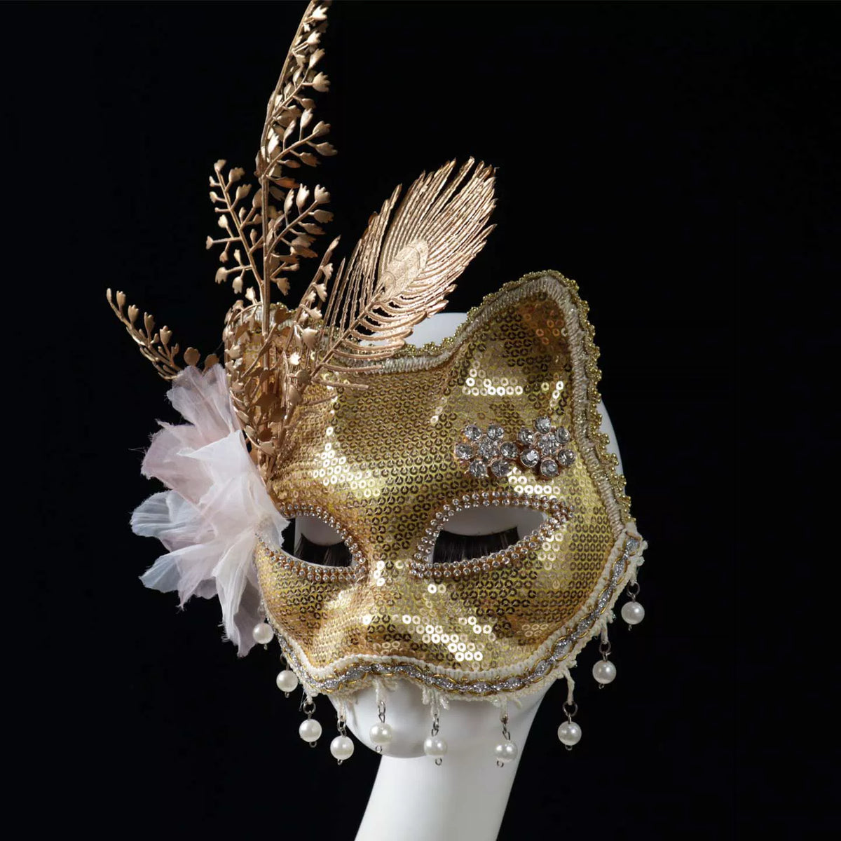 Baile de Máscaras em Formato de Gato/Raposa (Estilo Cat Mask ou Fox Cat Masquerade) Dourada e Lantejoulas