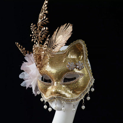 Baile de Máscaras em Formato de Gato/Raposa (Estilo Cat Mask ou Fox Cat Masquerade) Dourada e Lantejoulas