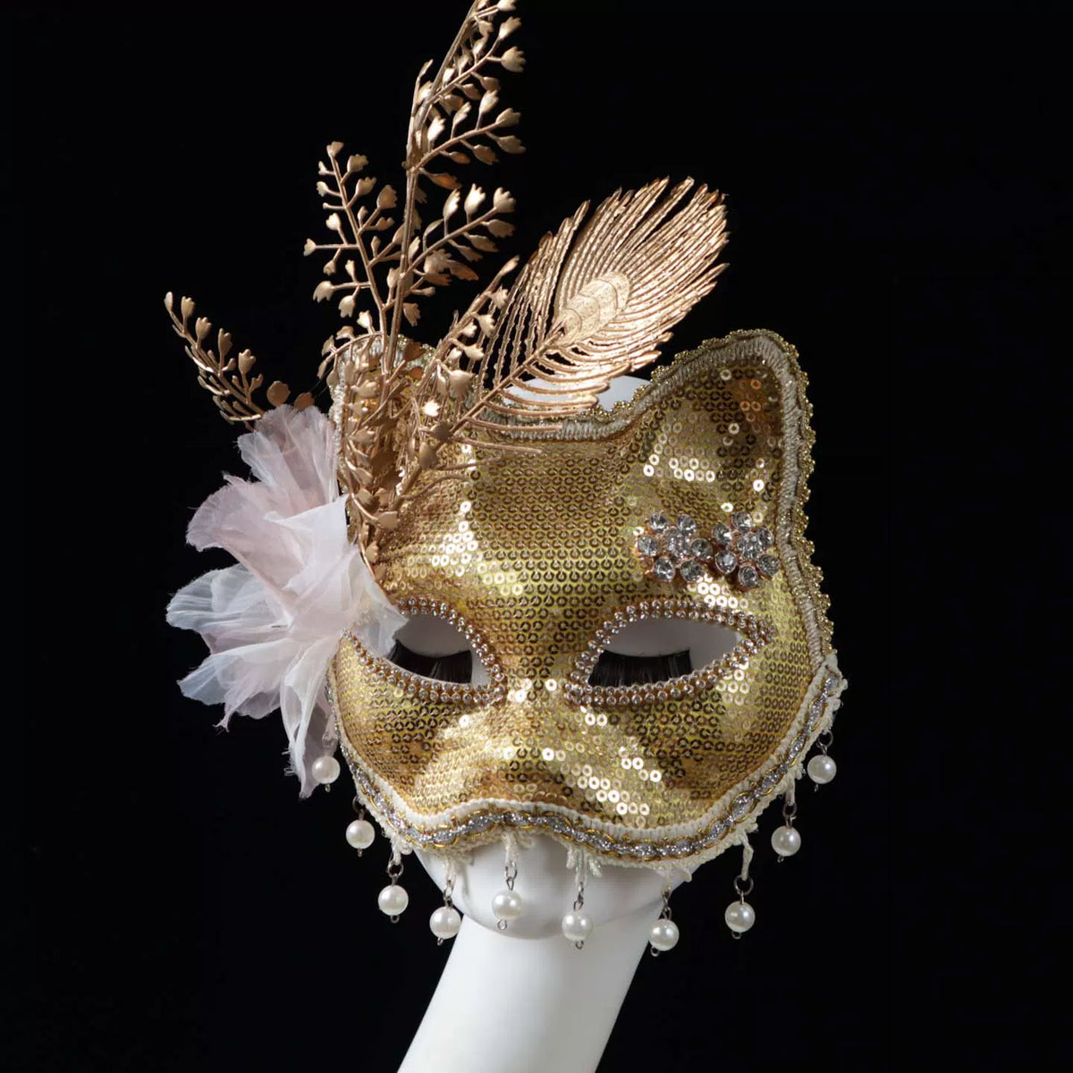 Baile de Máscaras em Formato de Gato/Raposa (Estilo Cat Mask ou Fox Cat Masquerade) Dourada e Lantejoulas