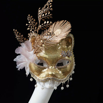 Baile de Máscaras em Formato de Gato/Raposa (Estilo Cat Mask ou Fox Cat Masquerade) Dourada e Lantejoulas