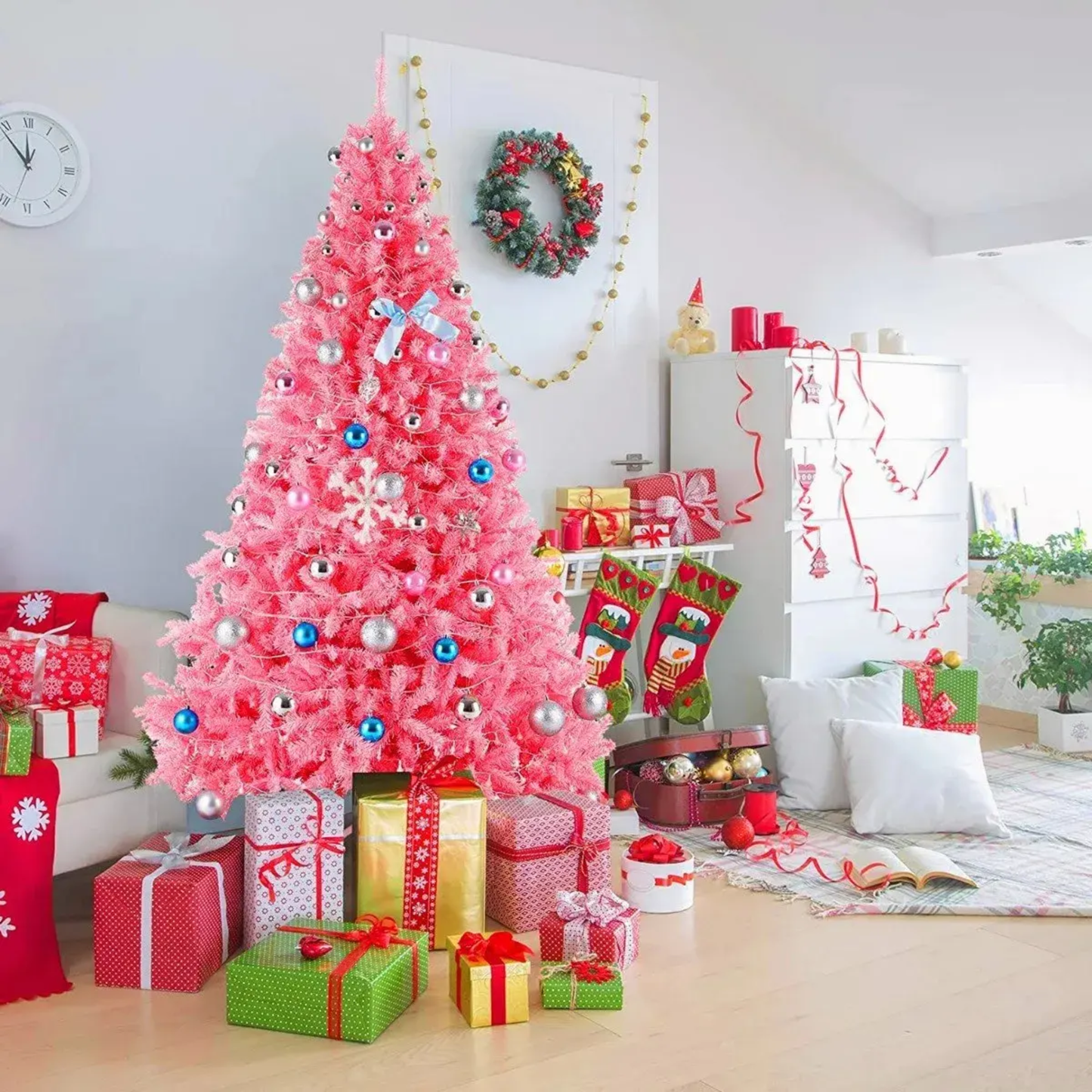 Árvores de Natal Artificiais Rosa 120/150/180/210/240cm Suporte de Metal Árvores Rosas