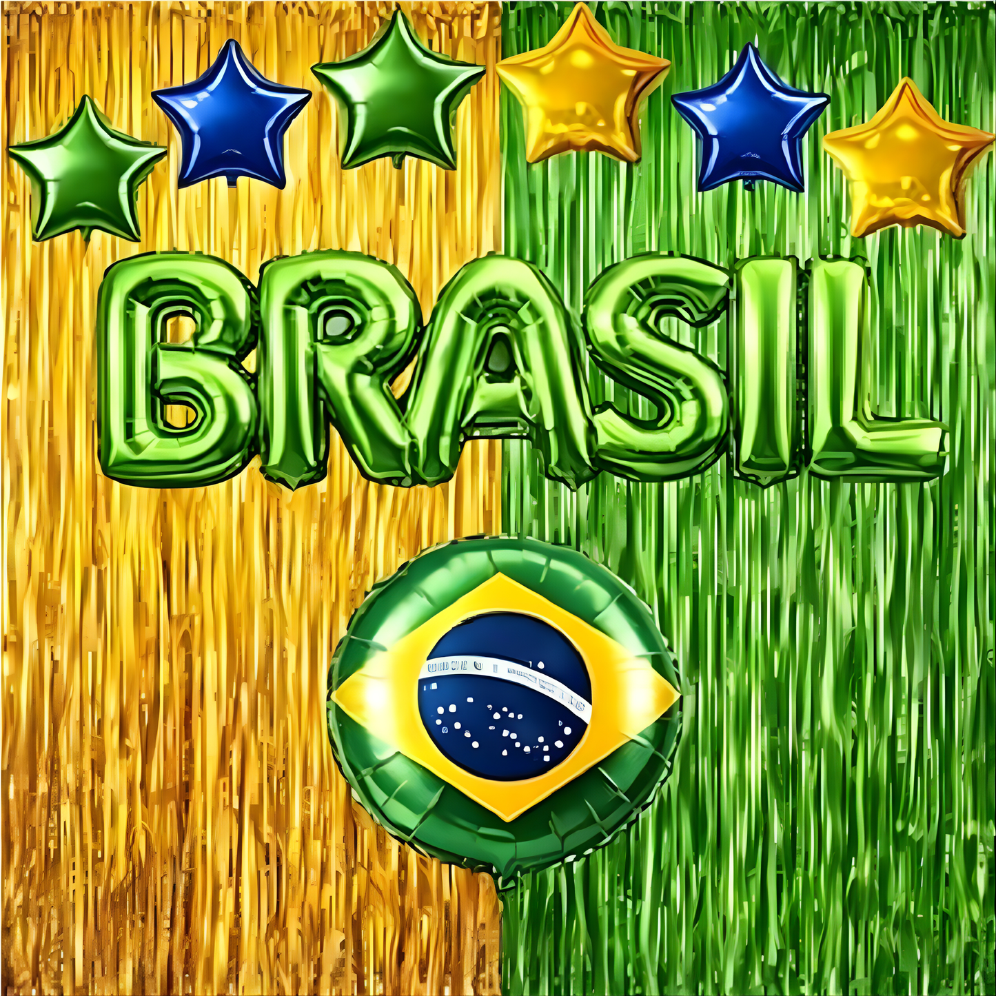 Kit Decoração Brasil Copa do Mundo com Balões Brasil, Cortinas Metalizadas e Estrelas