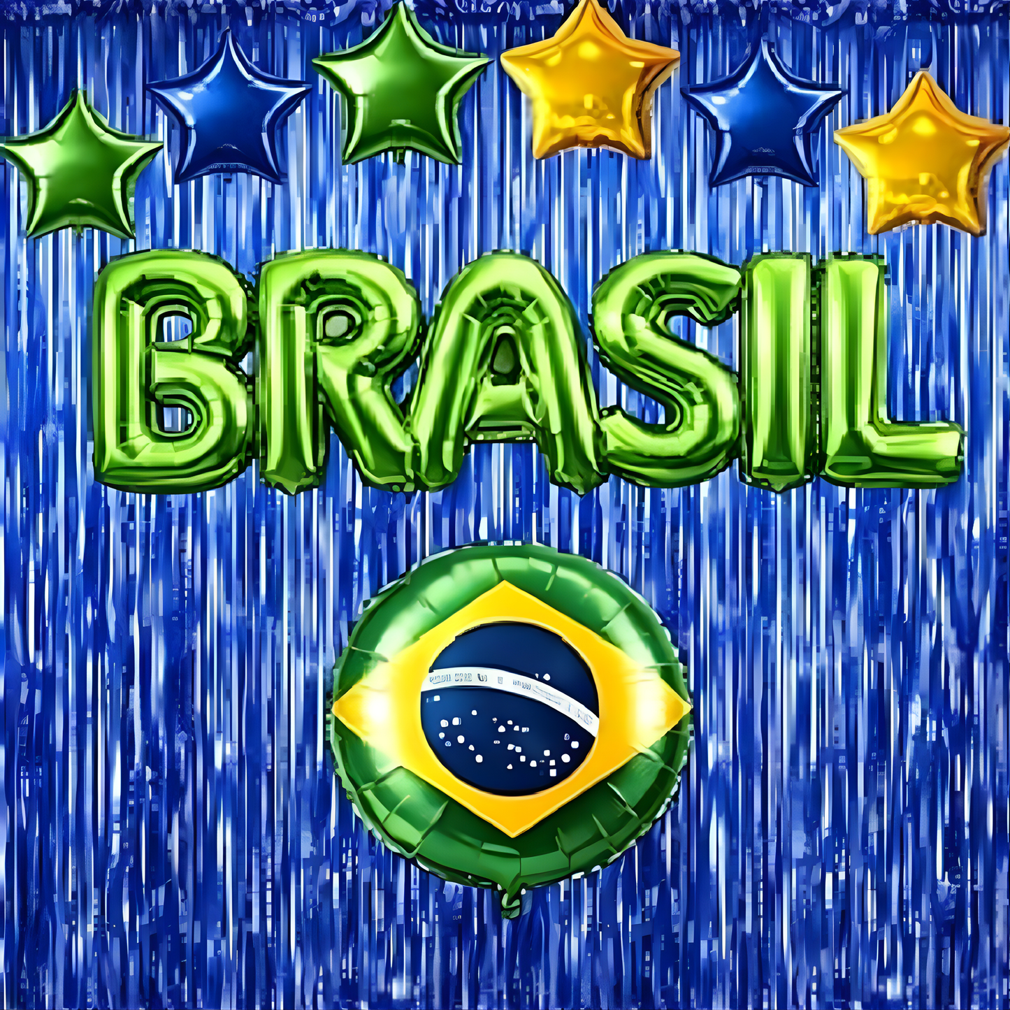 Kit Decoração Brasil Copa do Mundo com Balões Brasil, Cortinas Metalizadas e Estrelas