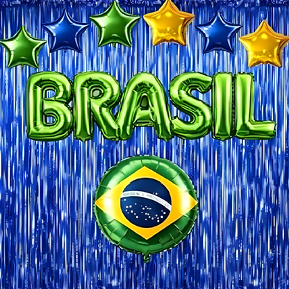 Kit Decoração Brasil Copa do Mundo com Balões Brasil, Cortinas Metalizadas e Estrelas