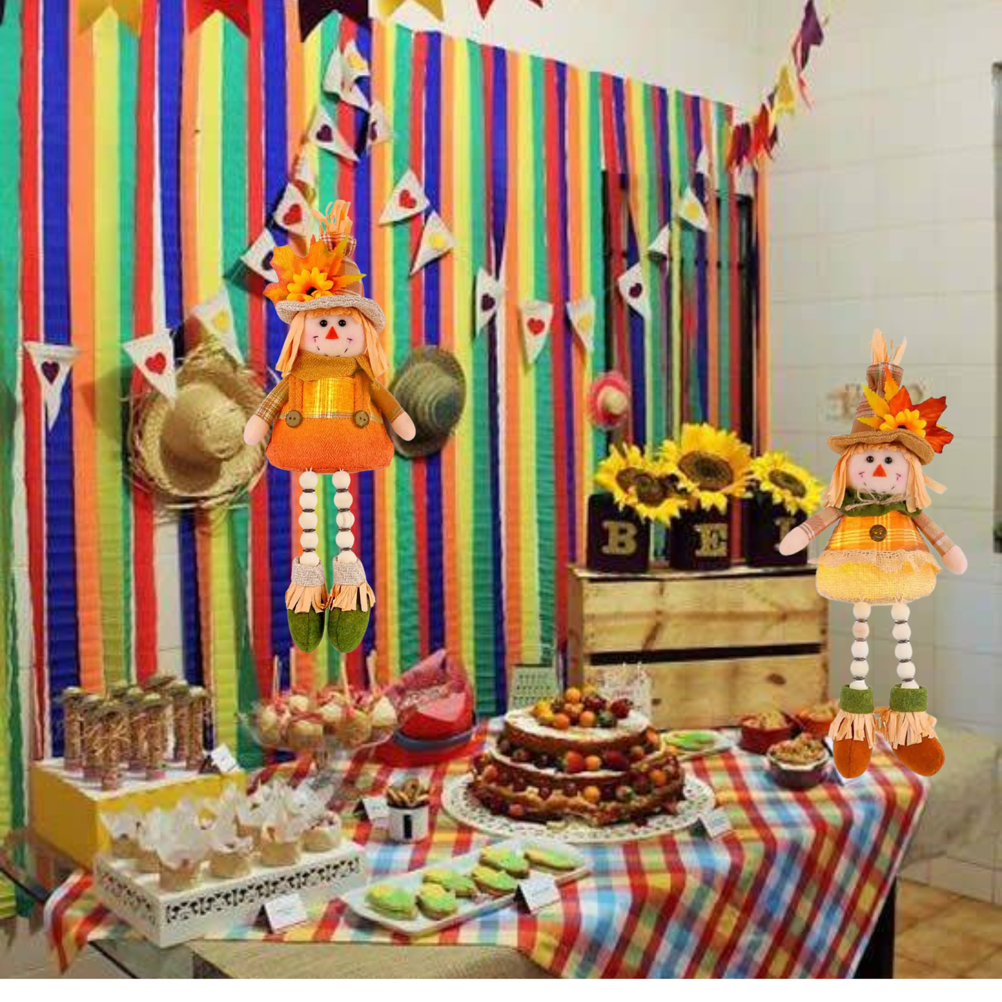 Boneco de Festa Junina Espantalho de pelúcia iluminado de 38 cm com pernas penduradas