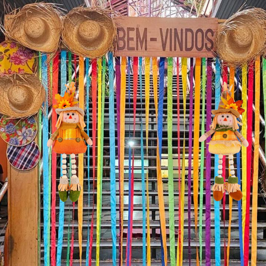 Boneco de Festa Junina Espantalho de pelúcia iluminado de 38 cm com pernas penduradas