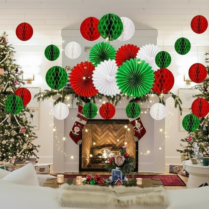 Kit de Decoração de Natal Decor365 nas Cores Vermelho e Verde com Leques de Papel