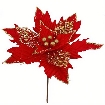 Flores de Natal Glitter Kit 3 Flores Decorativas Natalinas Flexível, 35cm e Tecido Brilhante