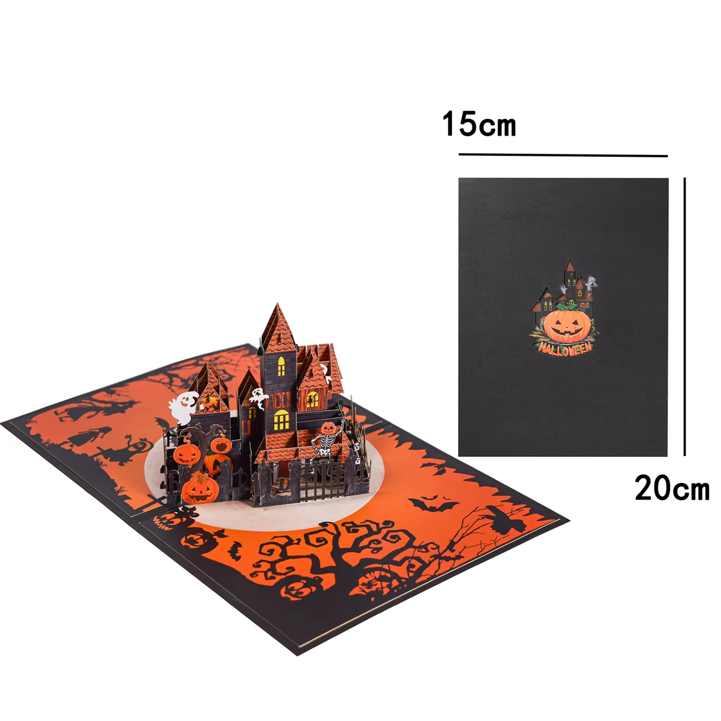 Cartões de Halloween Cartão Pop-Up 3D Mostrando o Fantasma do Gato, Preto e Abóbora