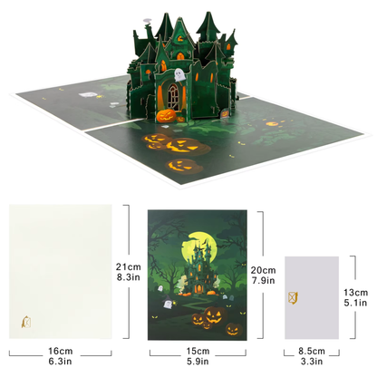 Cartões de Halloween com Arte, Abóboras e Castelo, Cartões de Natal Pop-Up, Cartões