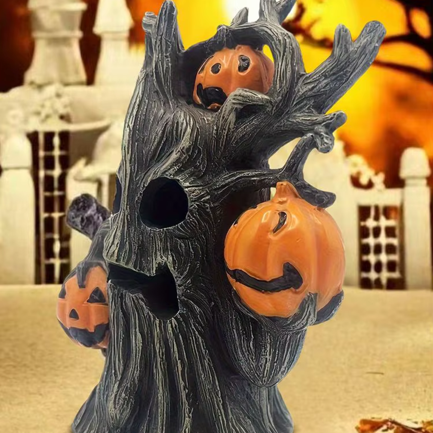 Estátua Halloween Abóbora de Toco de Árvore Halloween Decoração Halloween Resina