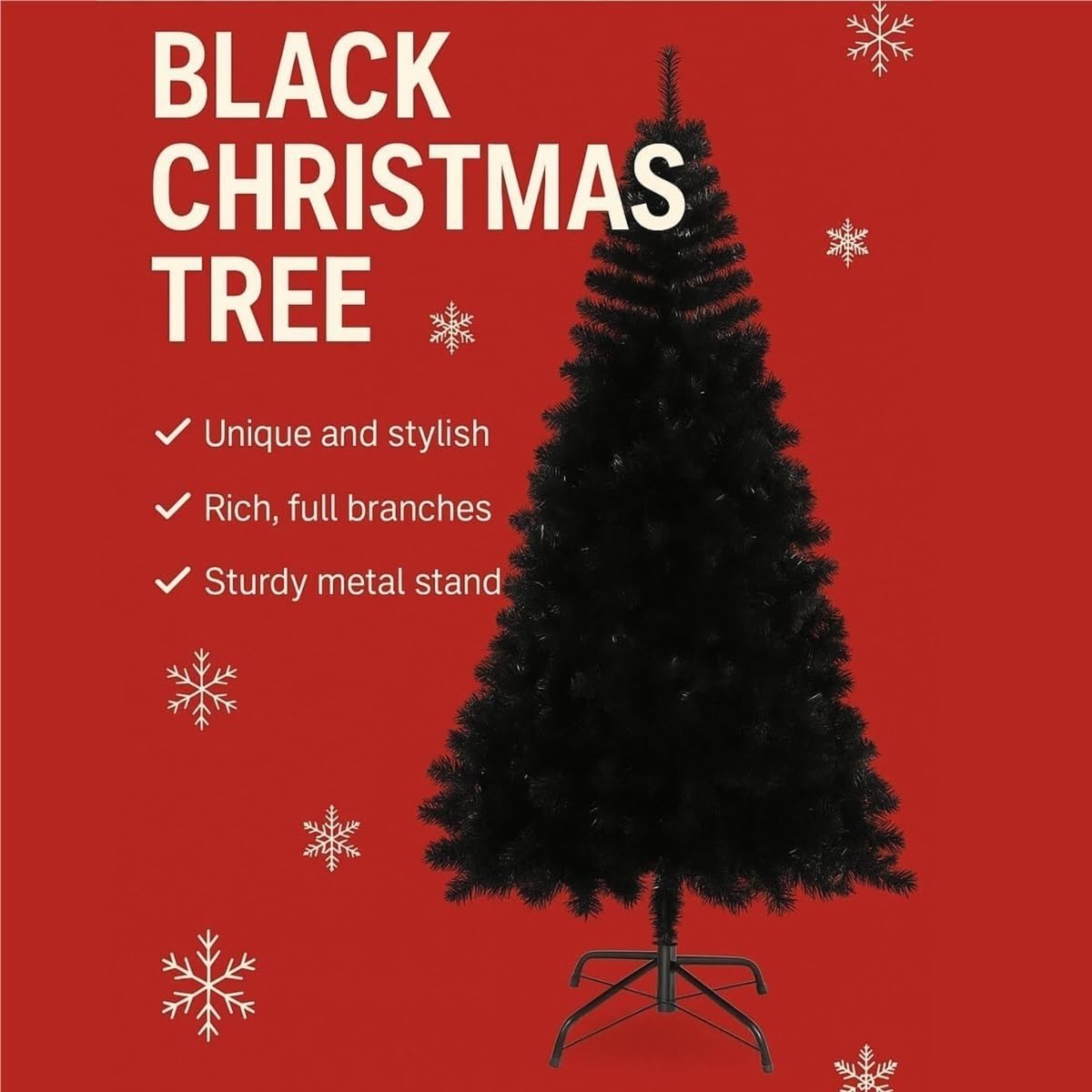 Árvore de Natal Artificial Preto com Suporte de Metal para Decoração Casa (1,2 Metros)