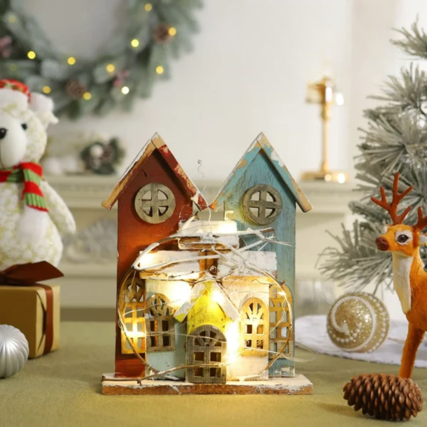 Casinha Nevada com Escada e LED 41cm e 01 unidade, Brilho Prateado Natal