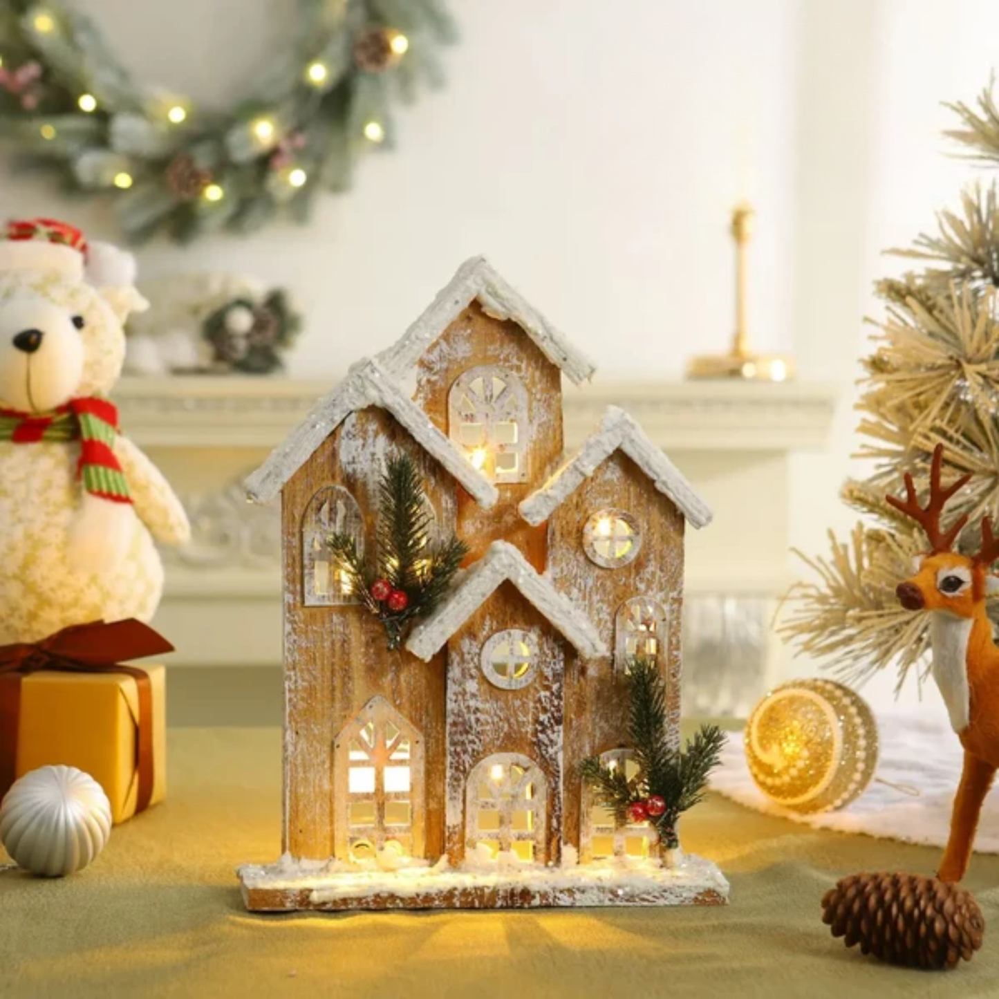 Casinha Nevada com Escada e LED 41cm e 01 unidade, Brilho Prateado Natal
