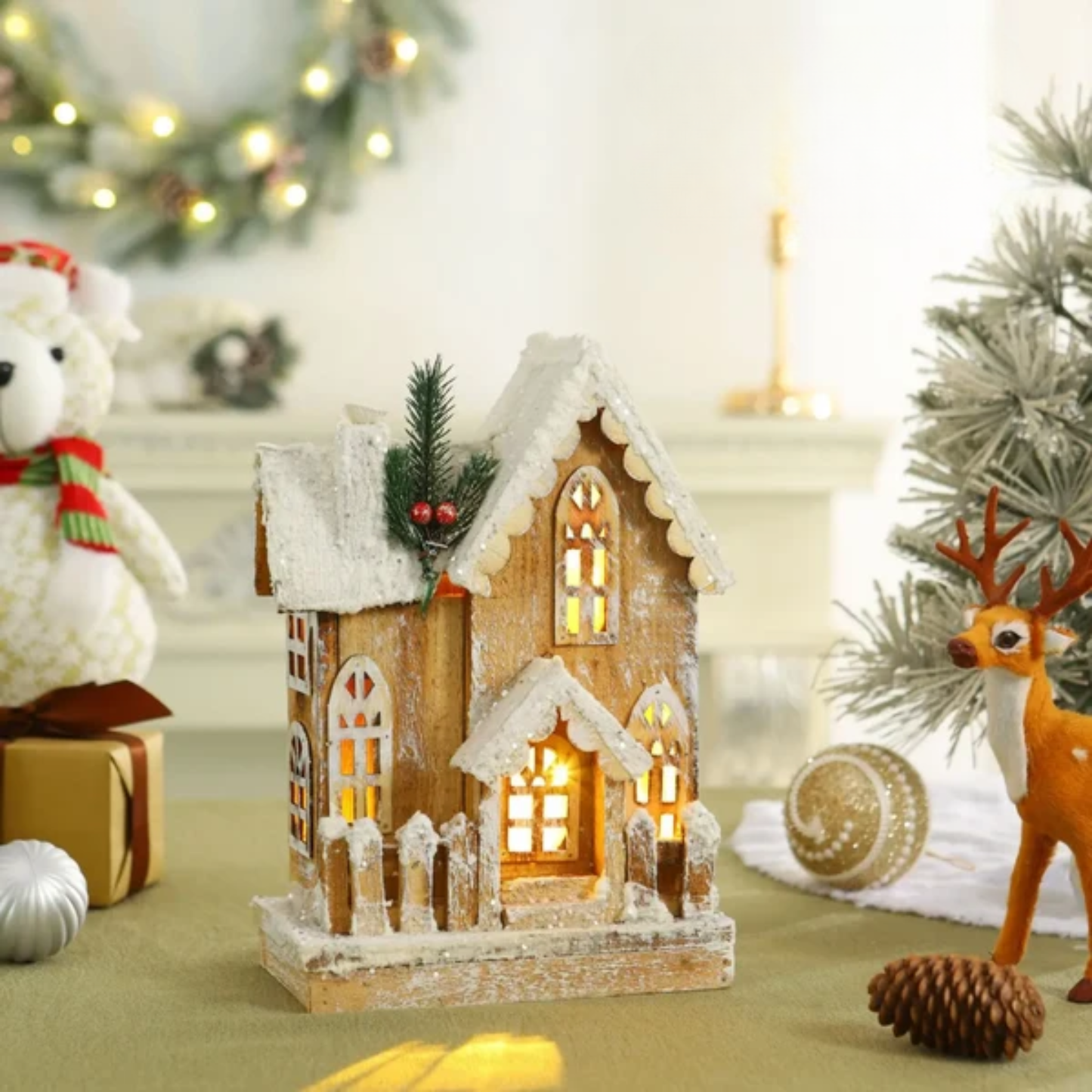 Casinha Nevada com Escada e LED 41cm e 01 unidade, Brilho Prateado Natal