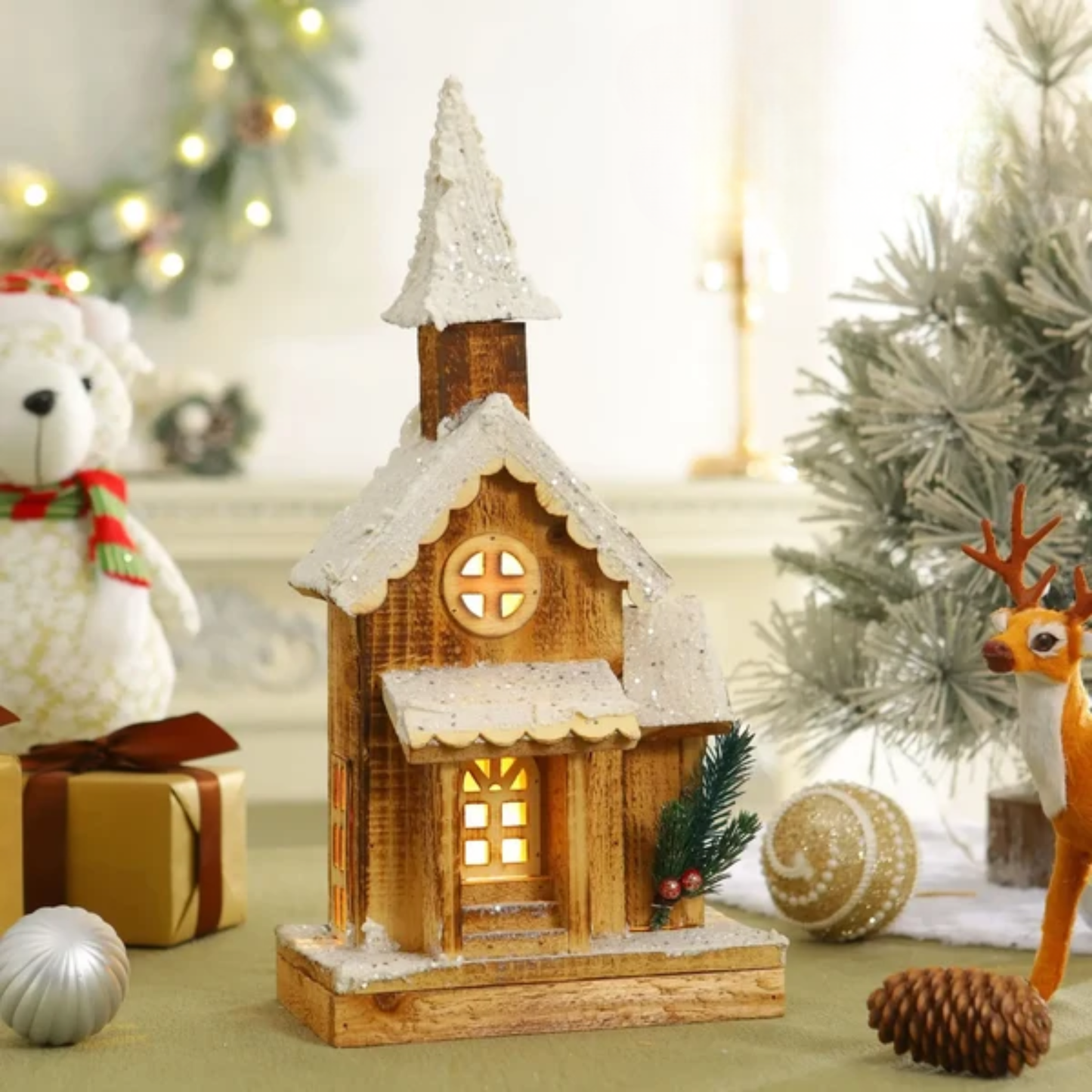 Casinha Nevada com Escada e LED 41cm e 01 unidade, Brilho Prateado Natal