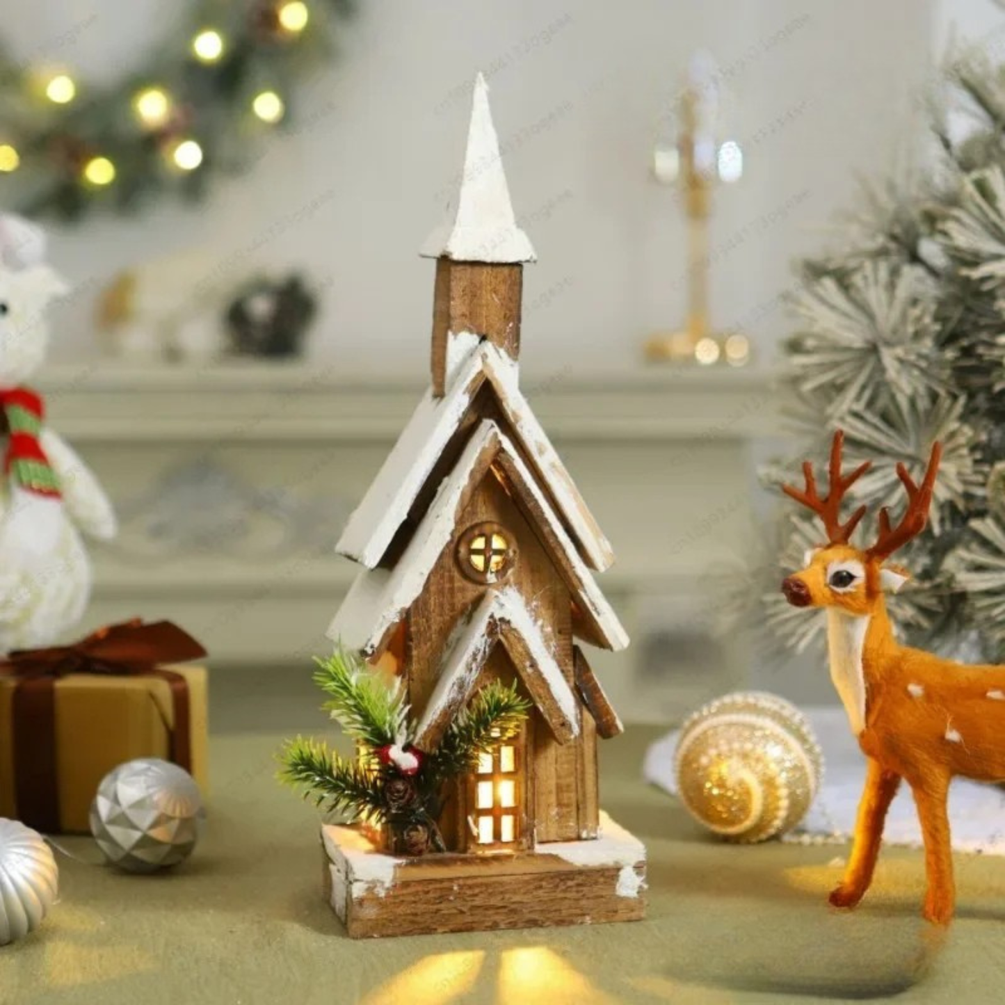 Casinha Nevada com Escada e LED 41cm e 01 unidade, Brilho Prateado Natal