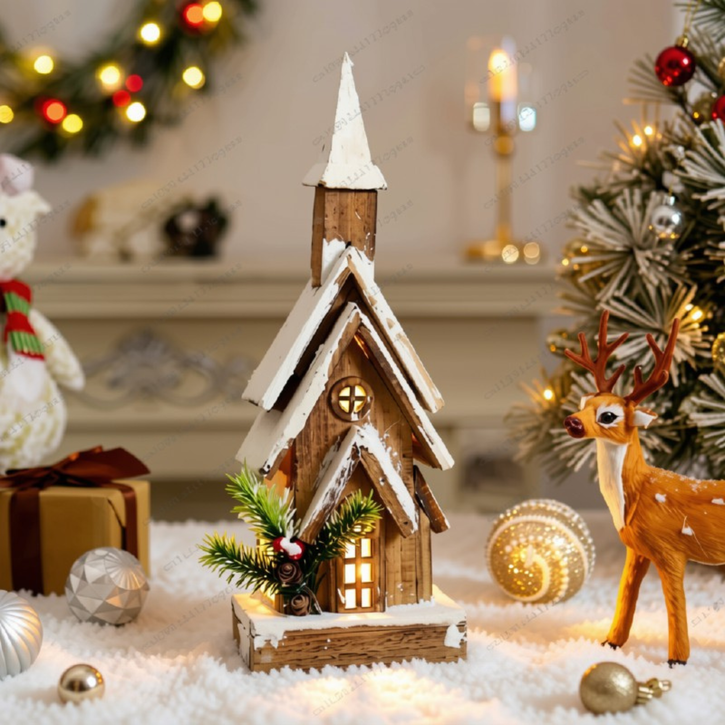 Casinha Nevada com Escada e LED 41cm e 01 unidade, Brilho Prateado Natal
