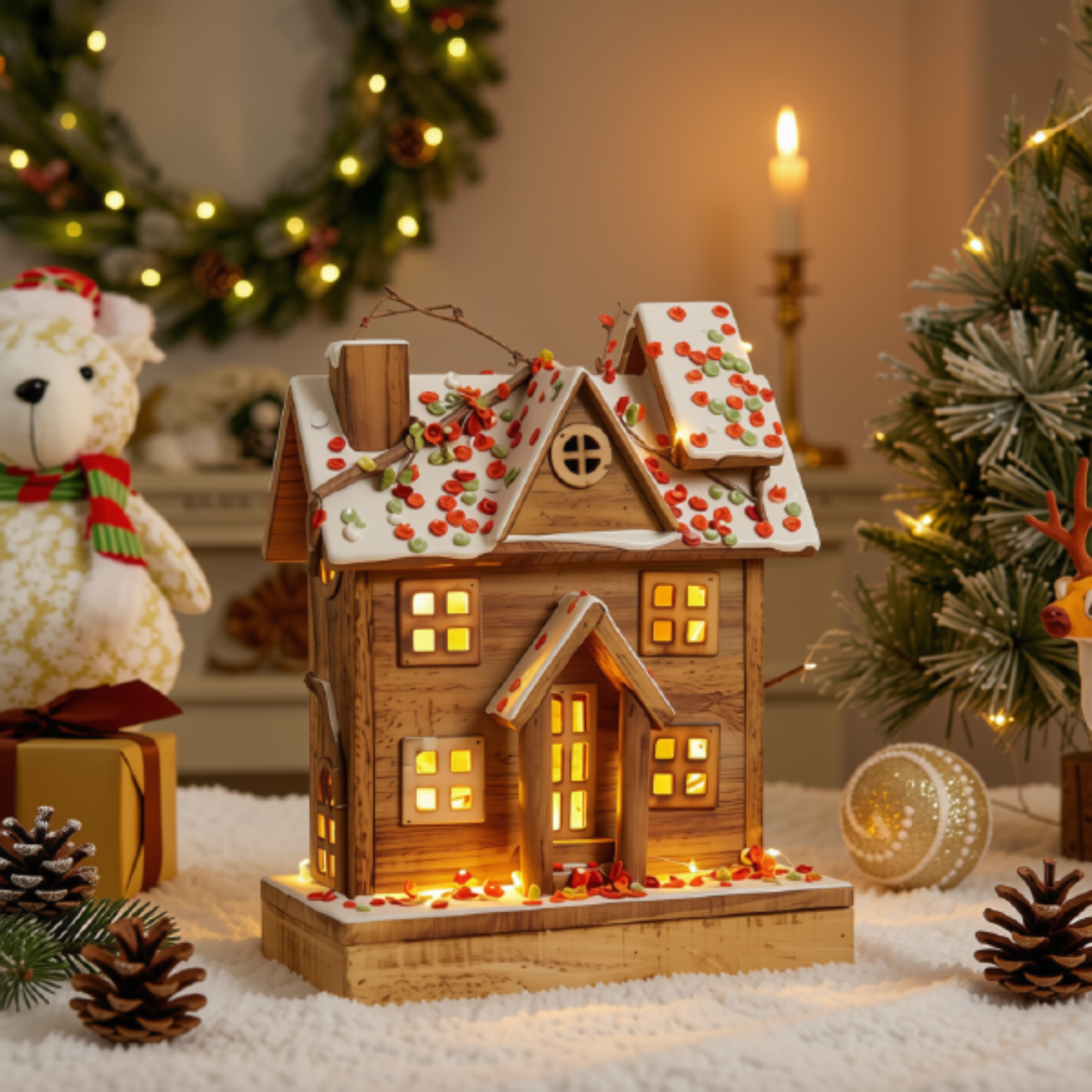 Casinha Nevada com Escada e LED 41cm e 01 unidade, Brilho Prateado Natal