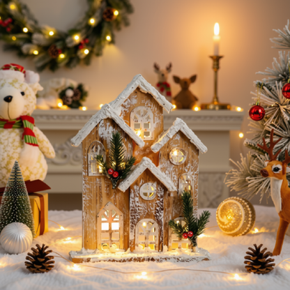 Casinha Nevada com Escada e LED 41cm e 01 unidade, Brilho Prateado Natal