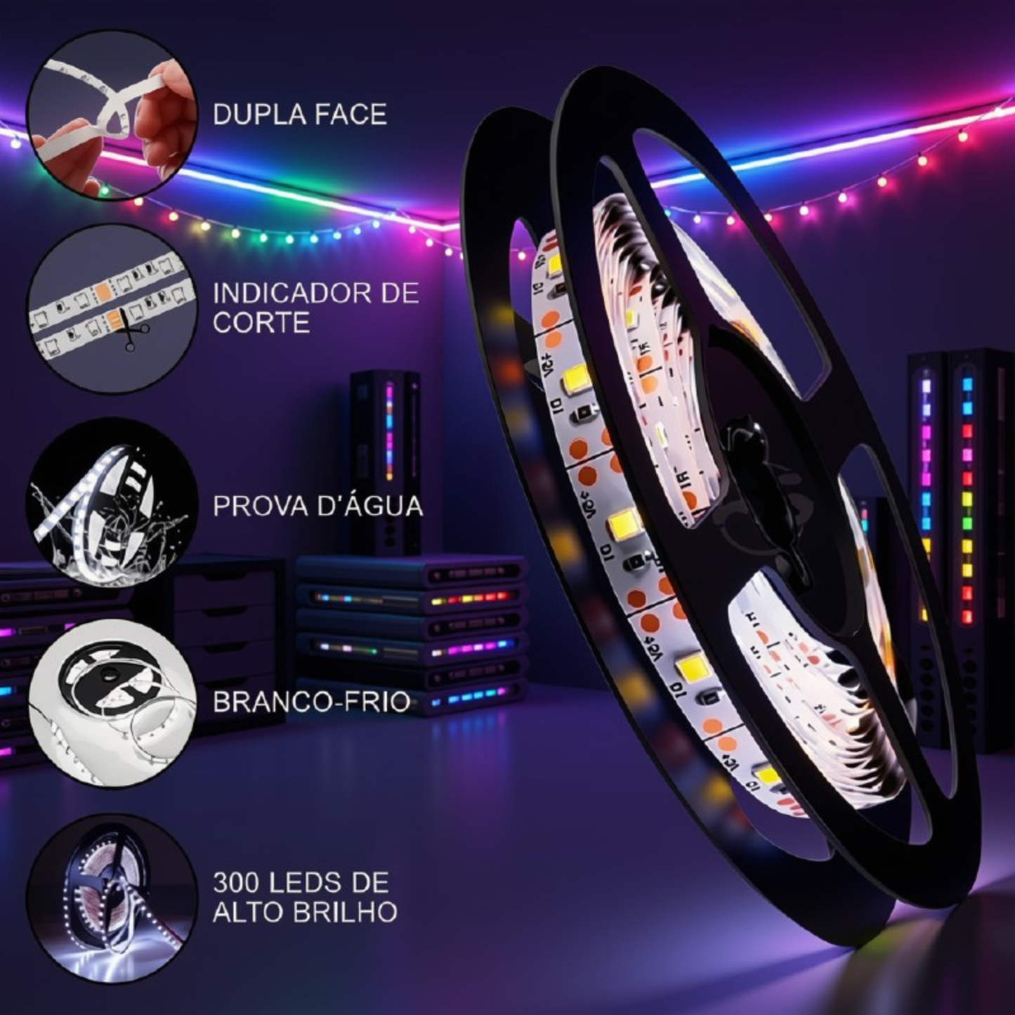 Fita 3528 | Rolo 5m 300 Leds | Dupla Face Para Decoração Natalina Externa(Branco 5M)