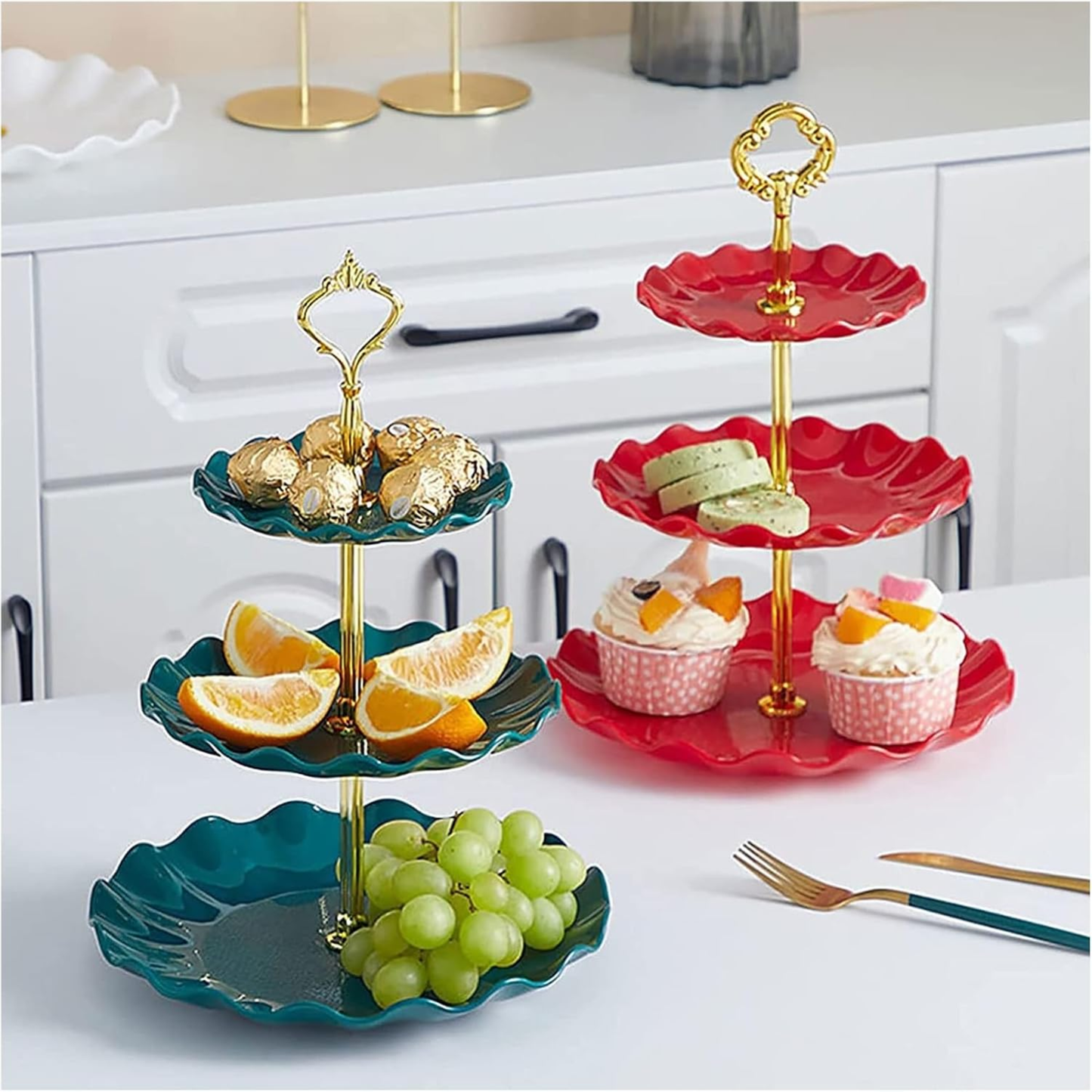 Prato de Frutas de 3 Camadas Estilo Nórdico Fruteira Suporte Frutas Pratos de Mesa Talheres