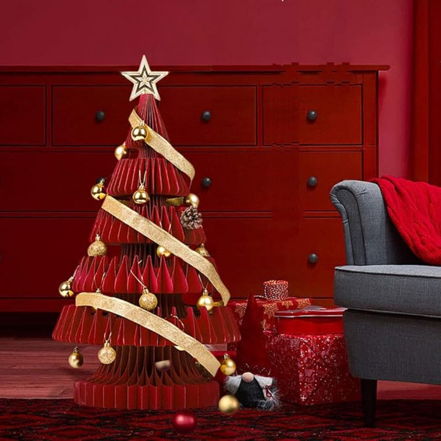 Árvore de Natal de 99 cm de Altura, Mini Árvore de Papel Dobrável com Iluminação Natal