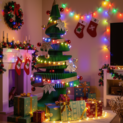 Árvore de Natal de 99 cm de Altura, Mini Árvore de Papel Dobrável com Iluminação Natal
