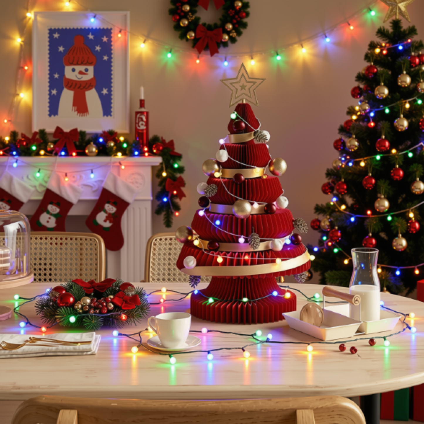 Árvore de Natal de 99 cm de Altura, Mini Árvore de Papel Dobrável com Iluminação Natal