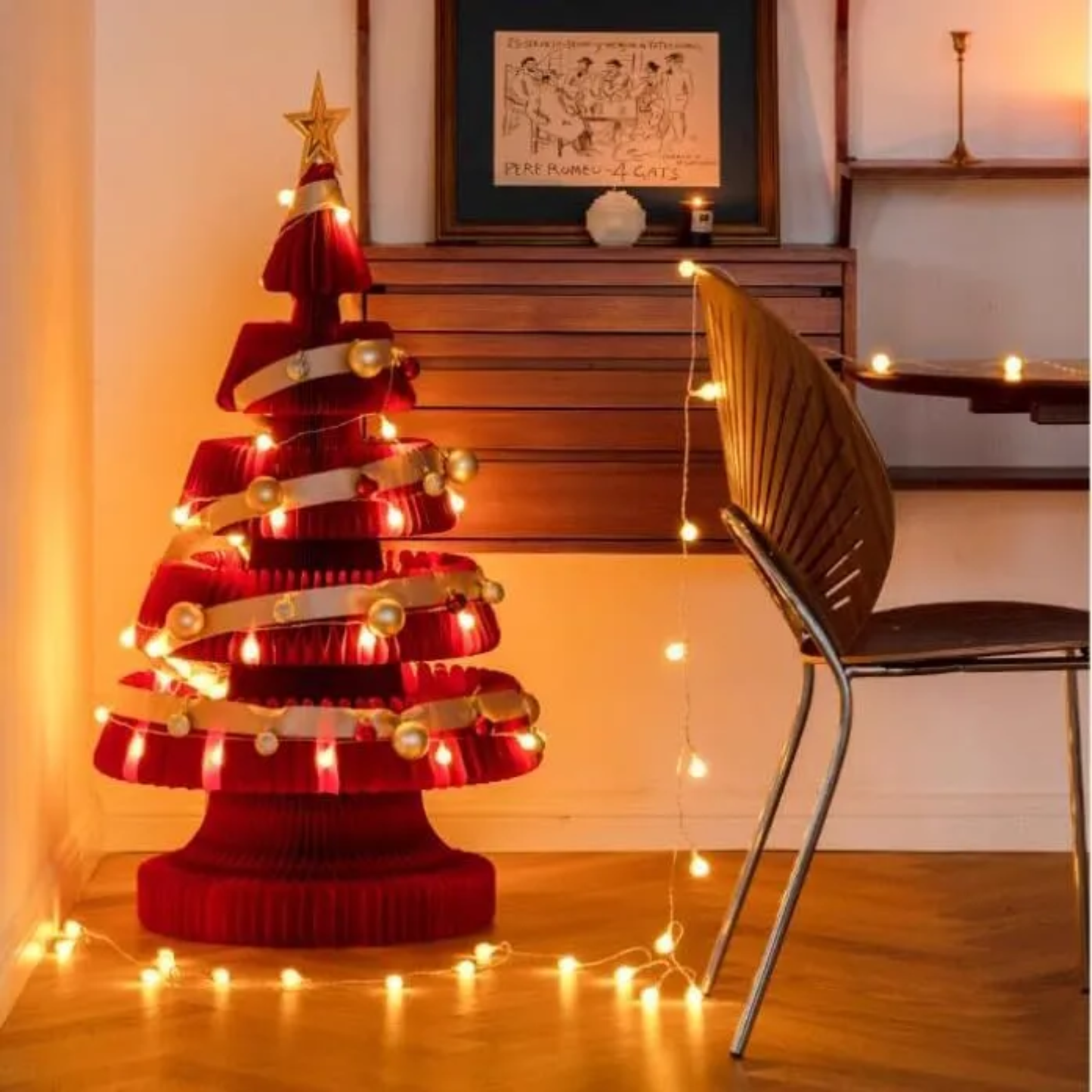 Árvore de Natal de 99 cm de Altura, Mini Árvore de Papel Dobrável com Iluminação Natal