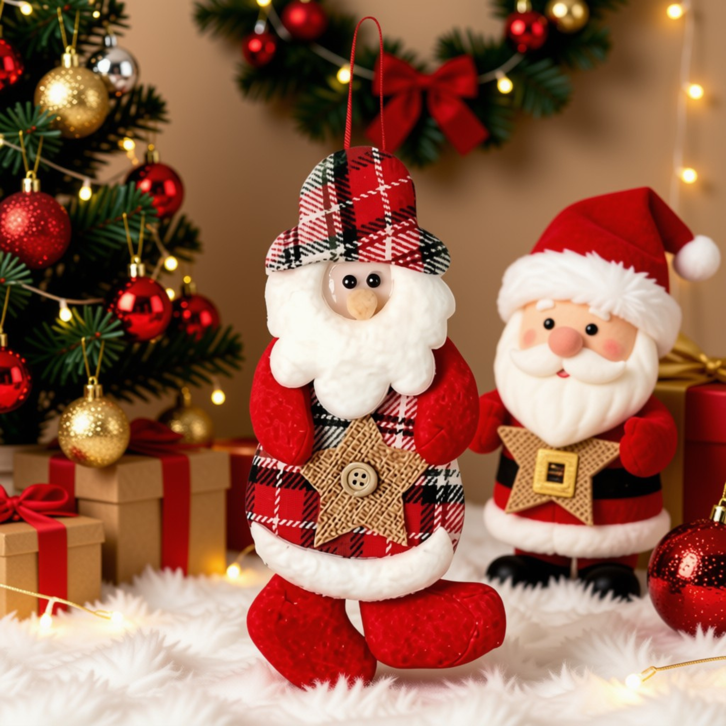 Kit 1 Enfeites Pendente Árvore Natal Papai Noel Boneco De Neve Xadrez 17cm*9cm