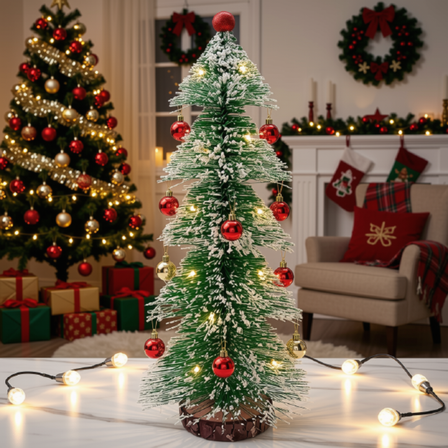 Mini Árvore De Natal Flocos Neve Pinheiro Enfeite Mesa 33cm*12cm Mini Pinheiro de Natal