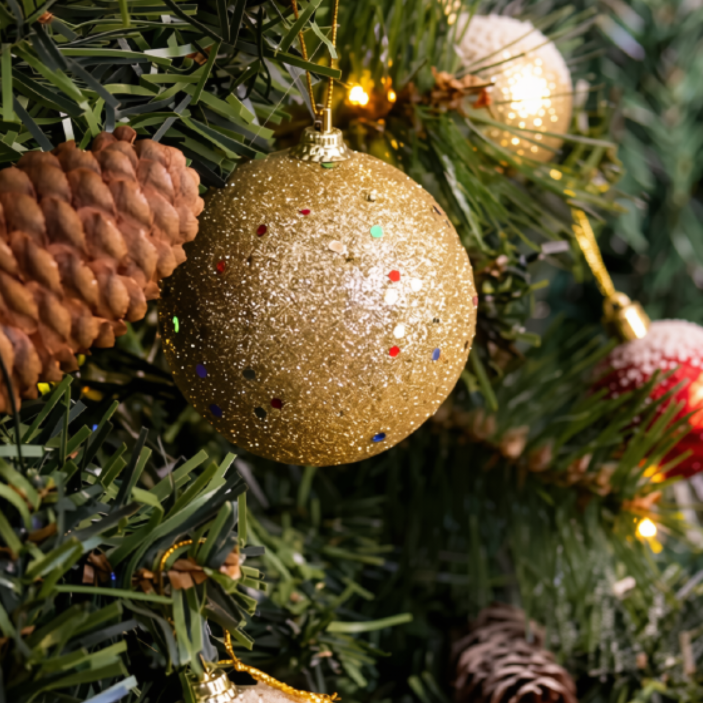 Bola de Natal 2 Peças Bolas Enfeite Natalino Árvore Natal Dourado Glitter 70mm Ornamento