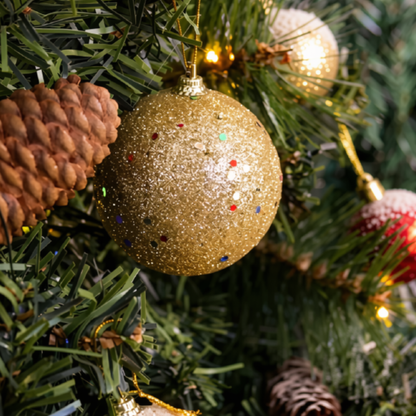Bola de Natal 2 Peças Bolas Enfeite Natalino Árvore Natal Dourado Glitter 70mm Ornamento