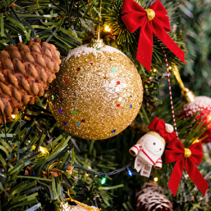 Bola de Natal 2 Peças Bolas Enfeite Natalino Árvore Natal Dourado Glitter 70mm Ornamento