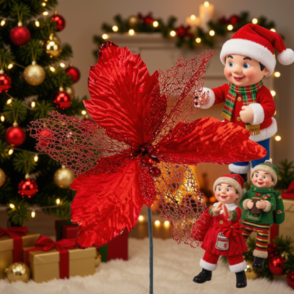 Kit 2 Flor Vermelha Decoração Natal Artificial Glitter 29cm Flor Vermelha Árvore Natal