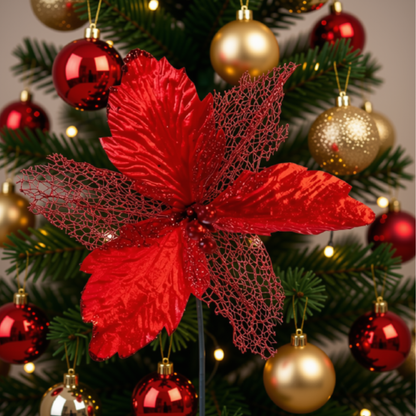 Kit 2 Flor Vermelha Decoração Natal Artificial Glitter 29cm Flor Vermelha Árvore Natal