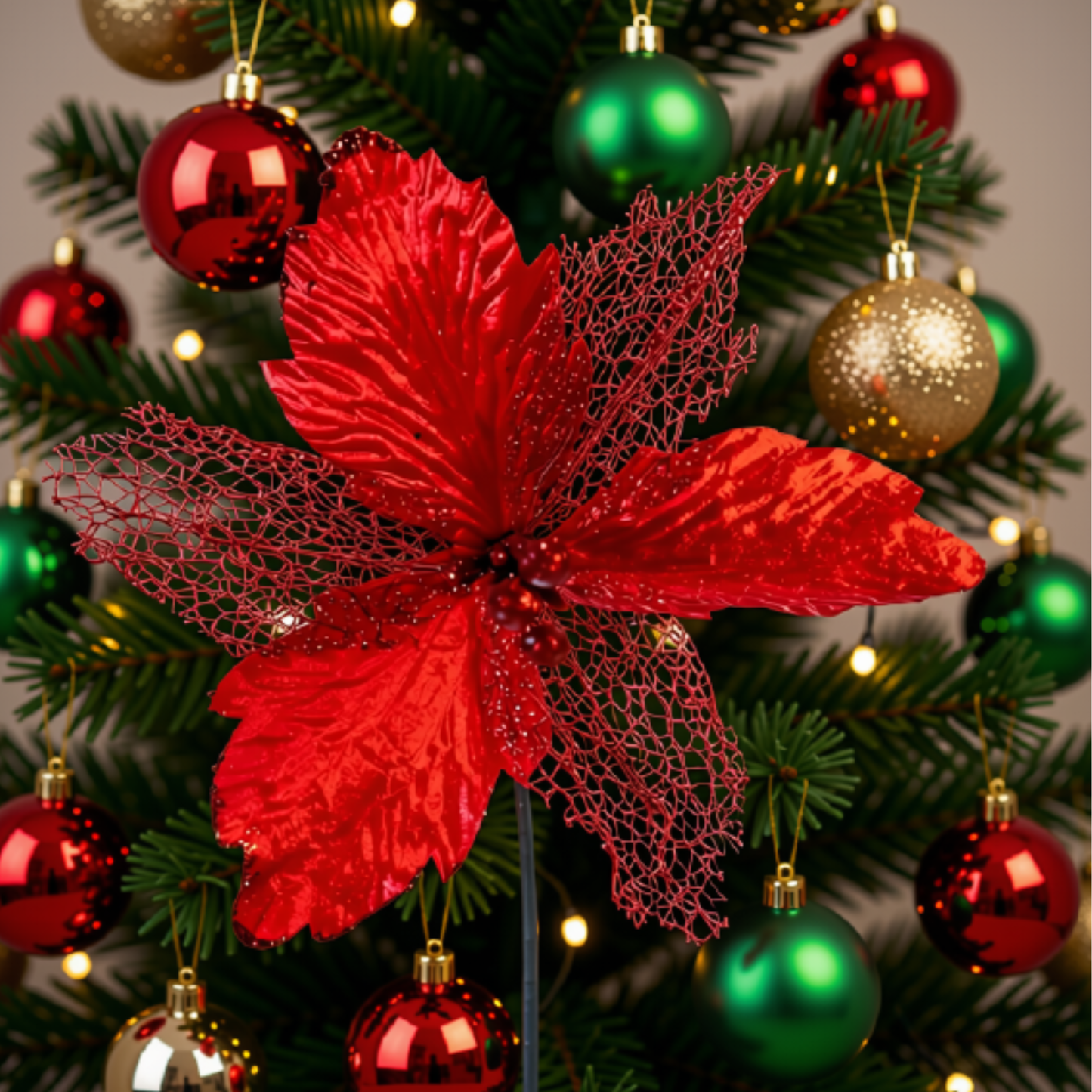 Kit 2 Flor Vermelha Decoração Natal Artificial Glitter 29cm Flor Vermelha Árvore Natal