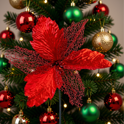 Kit 2 Flor Vermelha Decoração Natal Artificial Glitter 29cm Flor Vermelha Árvore Natal