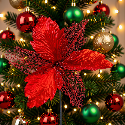 Kit 2 Flor Vermelha Decoração Natal Artificial Glitter 29cm Flor Vermelha Árvore Natal