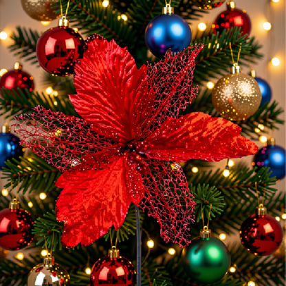 Kit 2 Flor Vermelha Decoração Natal Artificial Glitter 29cm Flor Vermelha Árvore Natal