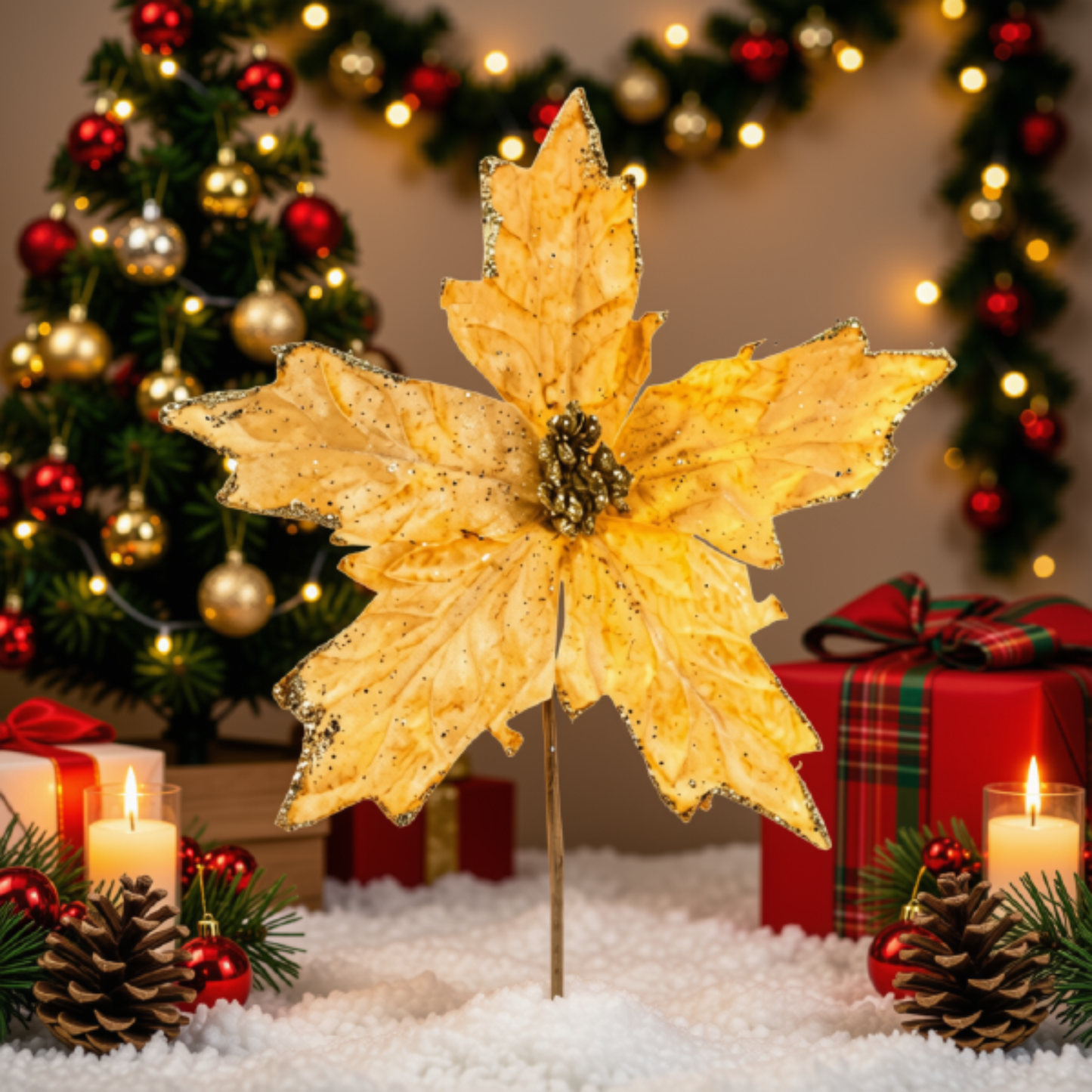 Kit 2 Flores Cabo Artificial Decoração de Natal Brilho 25cm Flor Vermelha Árvore Natal