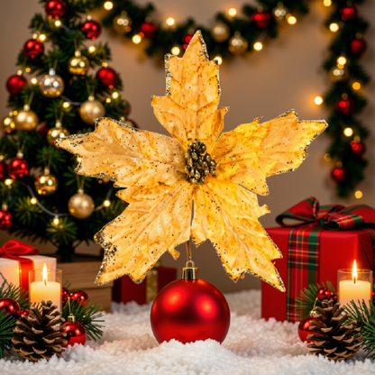 Kit 2 Flores Cabo Artificial Decoração de Natal Brilho 25cm Flor Vermelha Árvore Natal